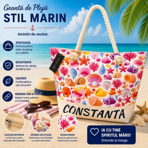Geantă Mare de Plajă cu Scoici Colorate – Tote Spațioasă cu Mânere din Sfoară - Img 2