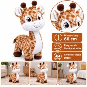 Girafă de pluș, blană portocalie cu pete maro, 60 cm