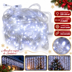 Instalație Crăciun ploaie, 3 m, fir alb 3 m, 320 LED, alb rece, jocuri de lumini, interconectabilă