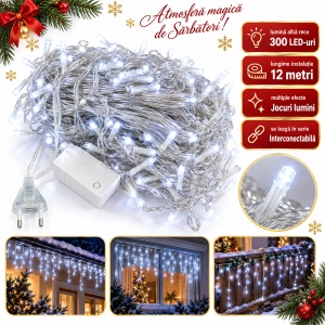 Instalație Crăciun Tip Țurțuri, 12 M, 300 LED-uri, Jocuri de Lumini, Interconectabilă, Alb Rece