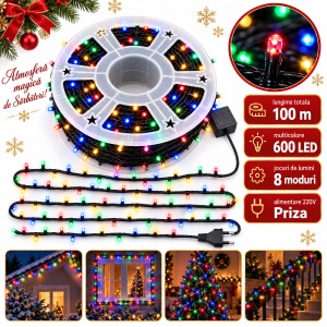 Instalație de Crăciun tip rolă, 100 m, 600 LED-uri multicolore, 8 moduri, fir negru