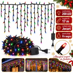 Instalație de Crăciun tip țurțuri, 17 m, 200 LED-uri, multicolor, fir negru - Img 8