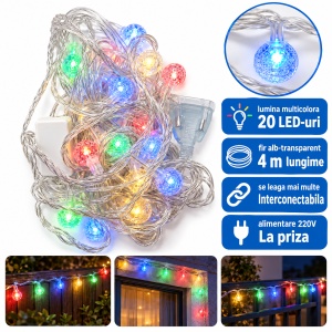 Instalație LED tip liniar, 4 m, 20 LED-uri cu model globulet, multicoloră, fir alb, interconectabilă - Img 2
