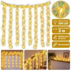 Instalație LED tip perdea cu beteală galbenă, 200 LED alb cald, 3 m, fir 1 m