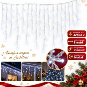 Instalatie LED tip turturi, 200 LED-uri, 8 m, lumina alb rece, interconectabila