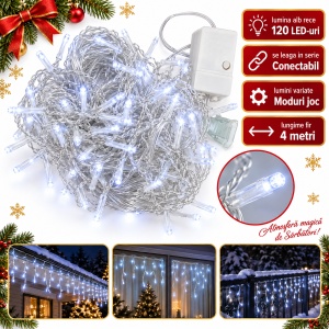 Instalatie LED Tip Turturi, 4 M, 120 LED-uri, Interconectabila, Fir Alb, LED-uri Alb Rece