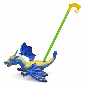 Jucarie de impins dragon albastru cu aripi si roti, model interactiv copii