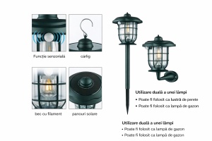 Lampa Solara Exterior 3in1 cu Senzor Miscare, Felinar, Lampa Gradina sau Aplica Perete - Img 2