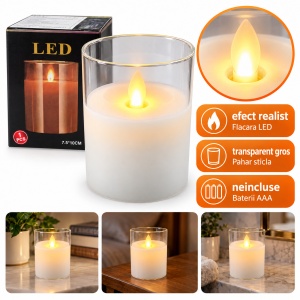 Lumânare decorativă LED în pahar de sticlă, flacără realistă, 7,5x10 cm