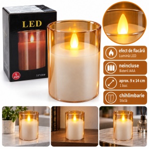 Lumânare LED decorativă în pahar de sticlă chihlimbarie, 7,5 x 10 cm, baterii AAA