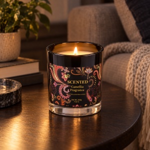 Lumânare parfumată în pahar de sticlă neagra, aromă camelie, in cutie cadou, 13 × 9 cm - Img 3