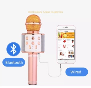 Microfon karaoke wireless Bluetooth cu difuzor, voice changer, USB si TF Card, rose gold - Img 2