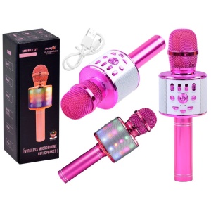 Microfon karaoke wireless cu boxa Bluetooth, lumini LED si efecte vocale, roz