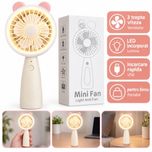 Mini ventilator portabil de mână, bej, cu lumină LED și 3 trepte de viteză
