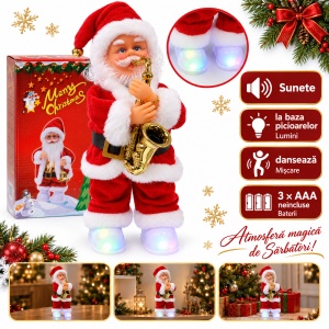 Moș Crăciun dansator cu saxofon, sunete și lumini, aprox. 30×15 cm, textil și plastic, 3 AAA