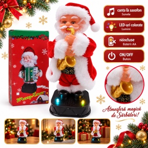 Moș Crăciun decorativ cu saxofon, lumini LED și sunete, 22 x 9 cm