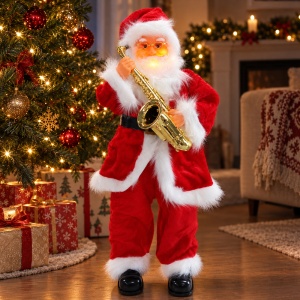 Moș Crăciun decorativ de Crăciun cu saxofon, cântă, dansează, luminează, 93 cm, baterii - Img 7