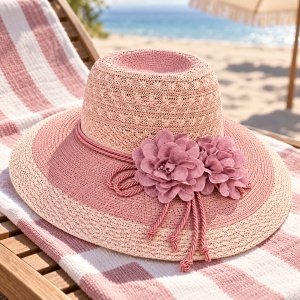 Pălărie de Plajă Roz cu Flori Decorative și Boruri Largi - Img 5