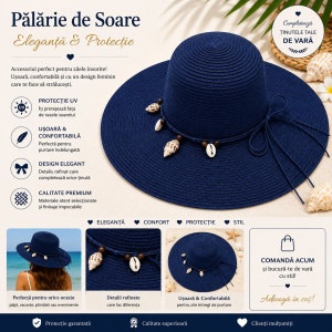 Palarie de Soare pentru Femei, Albastru Inchis, cu Scoici si Fundita, Boruri Largi, Eleganta de Vara - Img 2