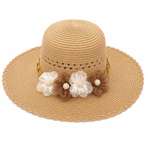 Palarie de Soare pentru Femei, Bej , cu Floricele Decorative, Boruri Largi