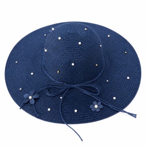 Palarie de vara dama bleumarin cu perle decorative si protectie UV pentru plaja