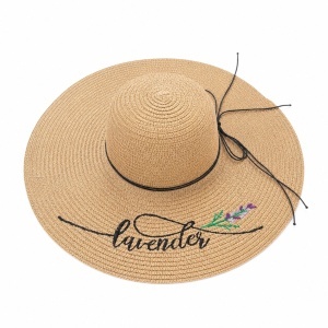 Palarie de Vara pentru Femei, Bej cu Broderie Lavender si Bor Extra Lat Elegant