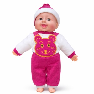 Papusa bebelus 40 cm cu ras de bebelus, salopeta roz intens cu ursulet, jucarie interactiva