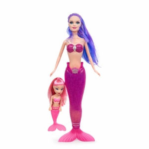 Papusa Sirena cu Pui Sirena, Set Papusi Copii cu Par Mov si Coada Roz, 38 cm
