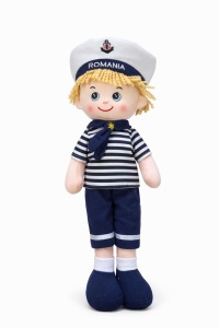 Papusa textila baiat marinar 45 cm, costum marin albastru, jucarie copii +3 ani