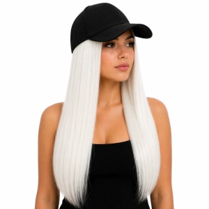 Peruca lunga 50 cm cu sapca neagra, par alb drept - Img 2