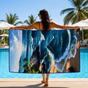 Prosop de Plajă cu Peisaj Tropical și Valuri Oceanice 88x180 cm – Design Exotic - Img 2