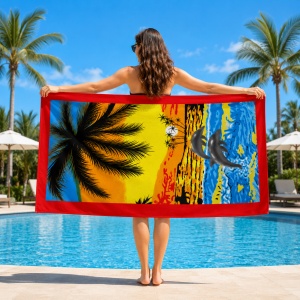 Prosop de plaja tropical cu delfini si palmieri Sunset Beach, 70x140 cm - Img 2