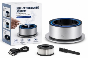 Scrumiera electrica cu purificator de aer si filtru pentru fum, sistem auto stingere tigari