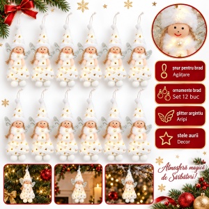 Set 12 bucăți ornamente brad îngerași din pluș cu aripi argintii sclipitoare, 20×8 cm