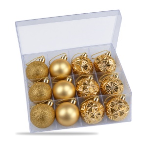 Set 12 globuri de Crăciun aurii, 3 finisaje mat, glitter și fațetat, plastic, 6 cm - Img 4