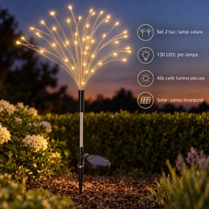 Set 2 lămpi solare decorative pentru grădină, model artificii, 120 LED, alb cald, 40x8cm - Img 2