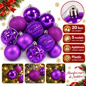 Set 20 globuri de Crăciun mov, 5 modele, plastic, agățătoare argintie, tub 55x25 cm
