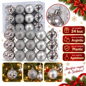Set 24 globuri de Crăciun argintii, plastic, modele diverse, cutie 20 x 16 cm
