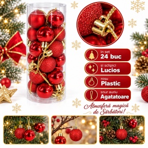 Set 24 globuri de Craciun, plastic rosu, lucioase si cu sclipici, agatatoare aurie