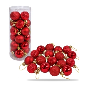Set 24 globuri de Crăciun roșii, finisaje diverse, plastic, agățătoare aurii, tub 31x11 cm - Img 4