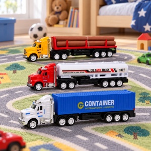 Set 3 buc camioane de jucărie, transport lemne, cisternă și container, 24 × 22,5 cm - Img 5