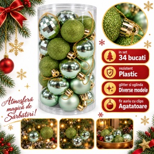 Set 34 globuri de Crăciun verzi, plastic, modele diverse, agățătoare aurie, tub 30 x 15 cm