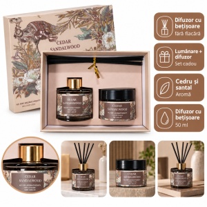 Set cadou lumânare parfumată și difuzor cu bețișoare, parfum cedru și santal, 20 × 14 cm