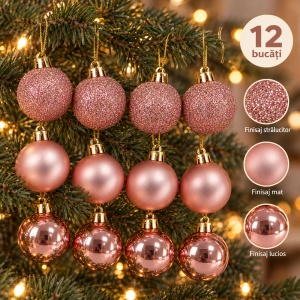 Set de 12 globulete de Craciun, rose-gold, din plastic, modele asortate in set, 3 cm - Img 7