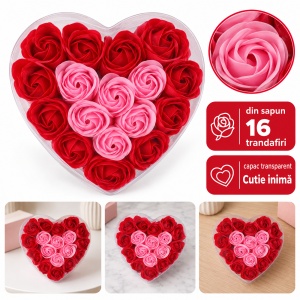 Set de 16 trandafiri din săpun în cutie in forma de inimă, roșu și roz, 17,5x16 cm