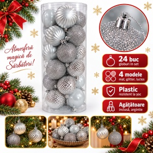 Set de 24 globuri argintii, din plastic, modele asortate in set - Img 2