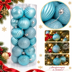 Set de 24 globuri pentru brad, din plastic, albastru deschis, modele diverse, 40 × 17 cm