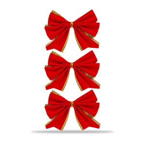 Set de 3 fundițe de Crăciun pentru brad, catifea roșie cu auriu, 28,5 x 13 cm - Img 3