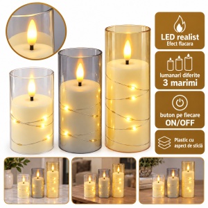 Set de 3 lumânări LED cu flacără realistă, recipiente tip sticlă, din plastic, dimensiuni diferite