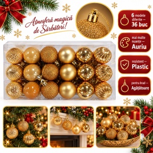 Set de 36 globulete de brad aurii, din plastic, modele diverse in set , 30 x 15 cm - Img 2